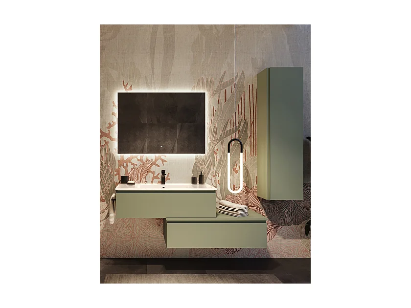 Mobile bagno sottolavabo con lavabo cassettiera e colonna verde salvia specchio e p. asciugamano L 100 x H 28 x P 46