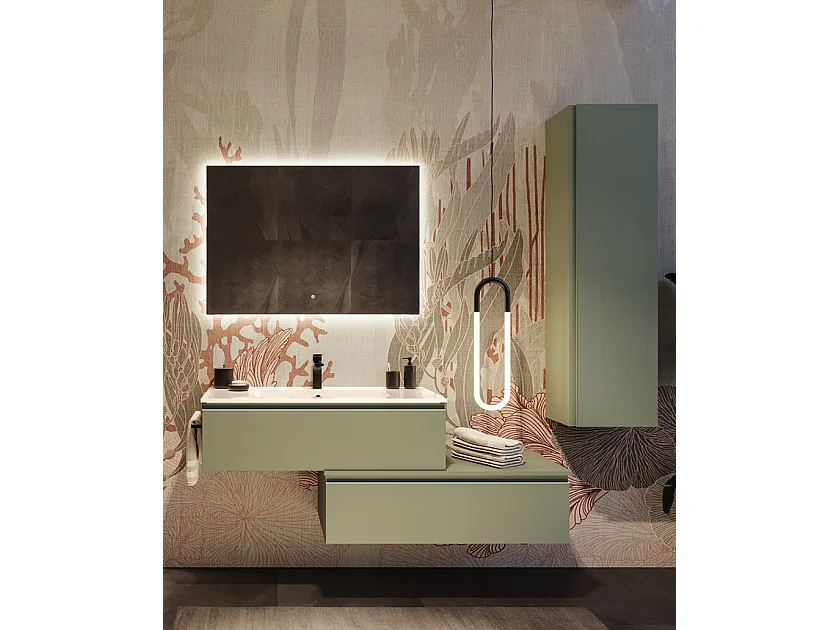 Mobile bagno sottolavabo con lavabo cassettiera e colonna verde salvia specchio e p. asciugamano L 100 x H 28 x P 46