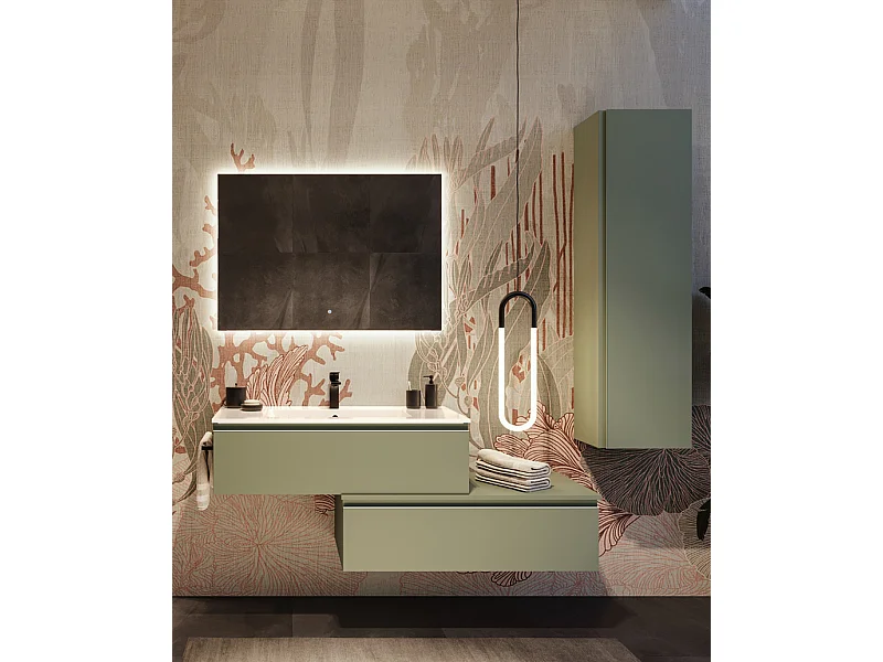 Mobile bagno sottolavabo con lavabo cassettiera e colonna verde salvia specchio e p. asciugamano L 100 x H 28 x P 46