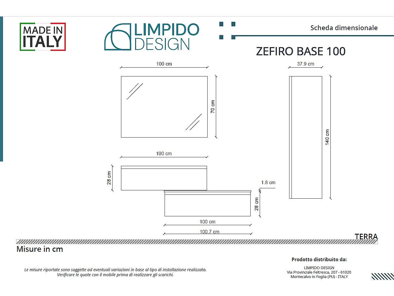 Mobile bagno sottolavabo con lavabo cassettiera e colonna poro noce specchio e p. asciugamano L 100 x H 28 x P 46