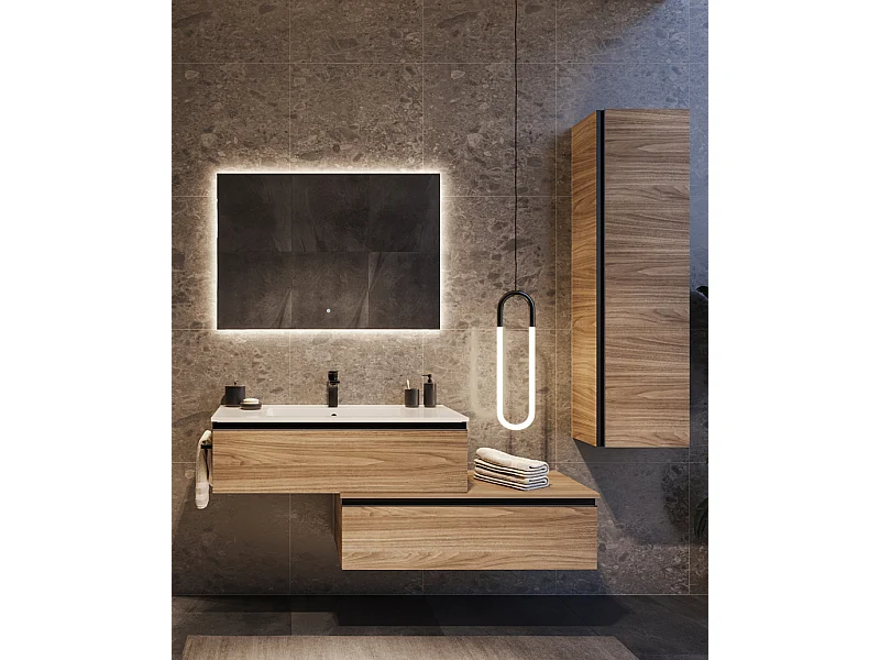 Mobile bagno sottolavabo con lavabo cassettiera e colonna poro noce specchio e p. asciugamano L 100 x H 28 x P 46