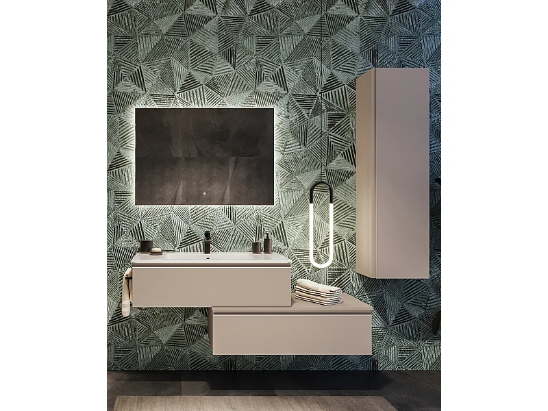 Mobile bagno sottolavabo con lavabo ad incasso cassettiera e colonna tortora milano specchio e p. asciugamano L 100 x H 28 x P 46