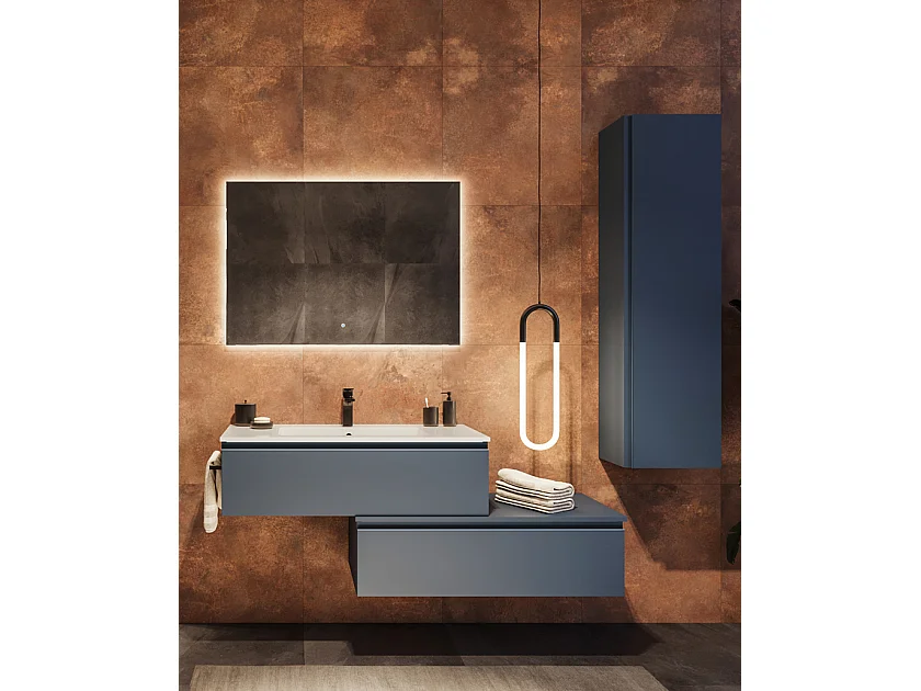 Mobile bagno sottolavabo con lavabo cassettiera e colonna blu oceano specchio e p. asciugamano L 100 x H 28 x P 46