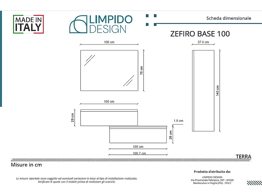 Mobile bagno sottolavabo con lavabo cassettiera e colonna blu oceano specchio e p. asciugamano L 100 x H 28 x P 46