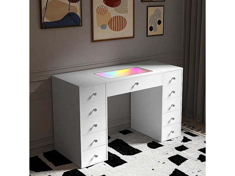 Coiffeuse Verre LED Intégrée, 11 Tiroirs - 130 x 55 cm - RGB