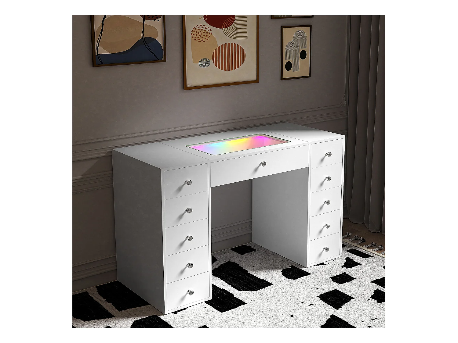 Coiffeuse Verre LED Intégrée, 11 Tiroirs - 130 x 55 cm - RGB