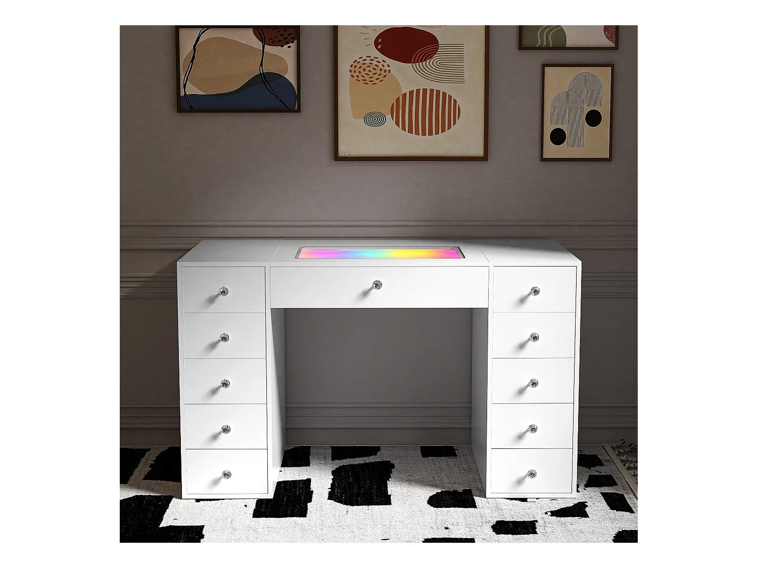 Coiffeuse Verre LED Intégrée, 11 Tiroirs - 130 x 55 cm - RGB