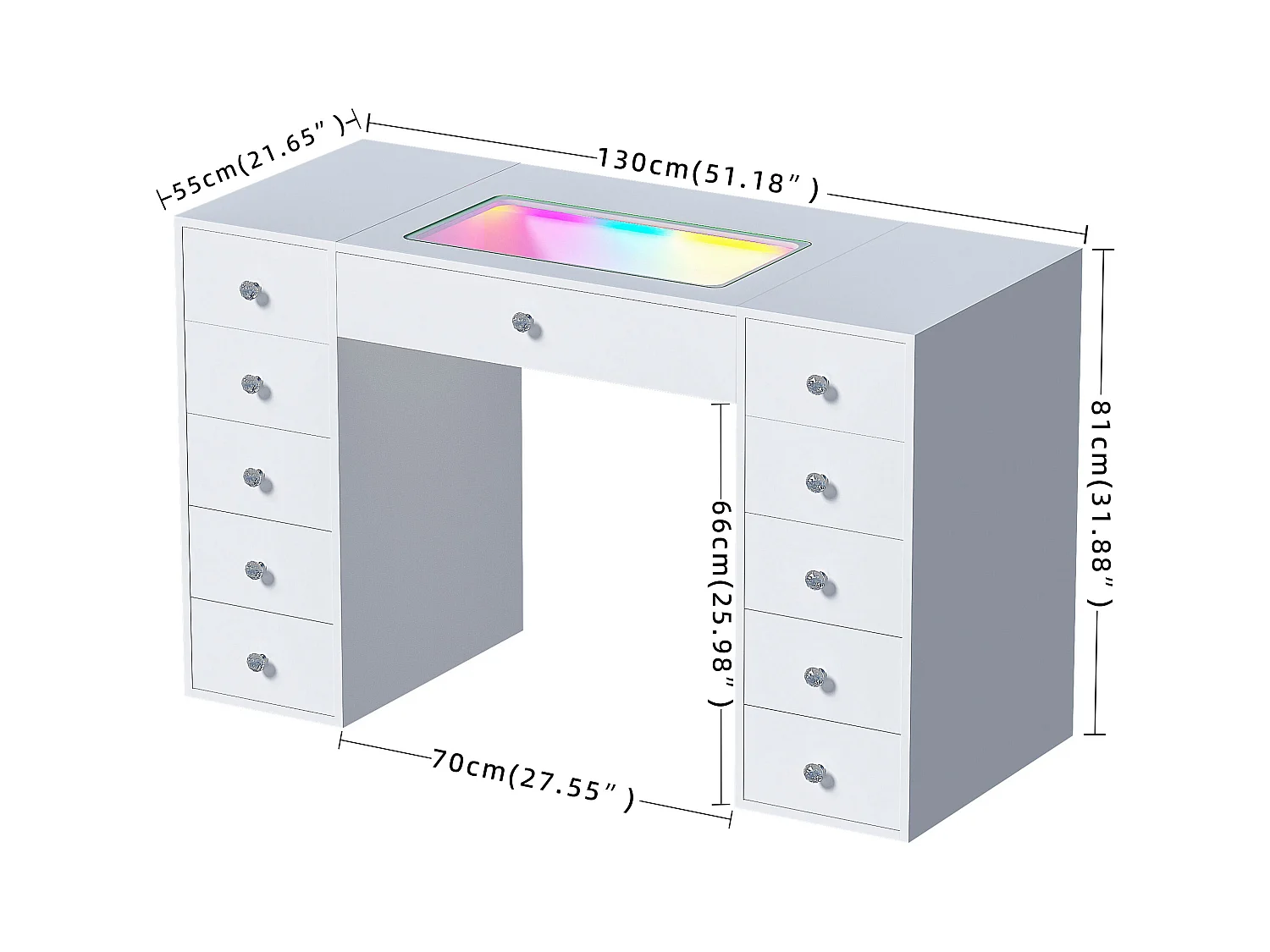Coiffeuse Verre LED Intégrée, 11 Tiroirs - 130 x 55 cm - RGB