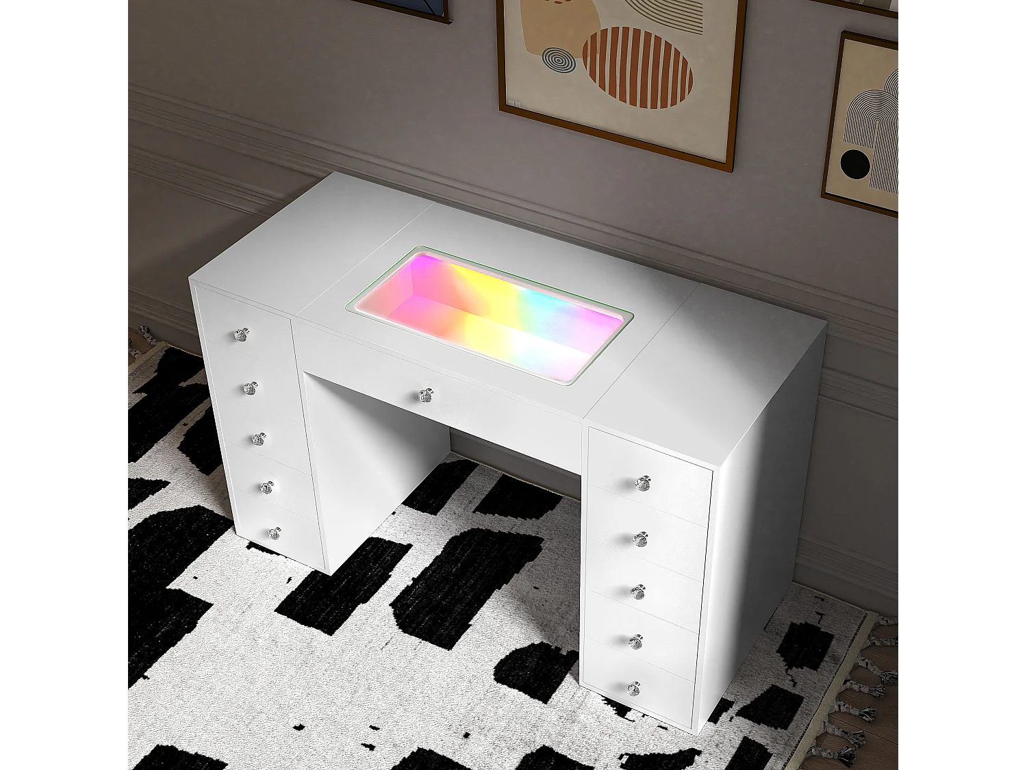 Coiffeuse Verre LED Intégrée, 11 Tiroirs - 130 x 55 cm - RGB