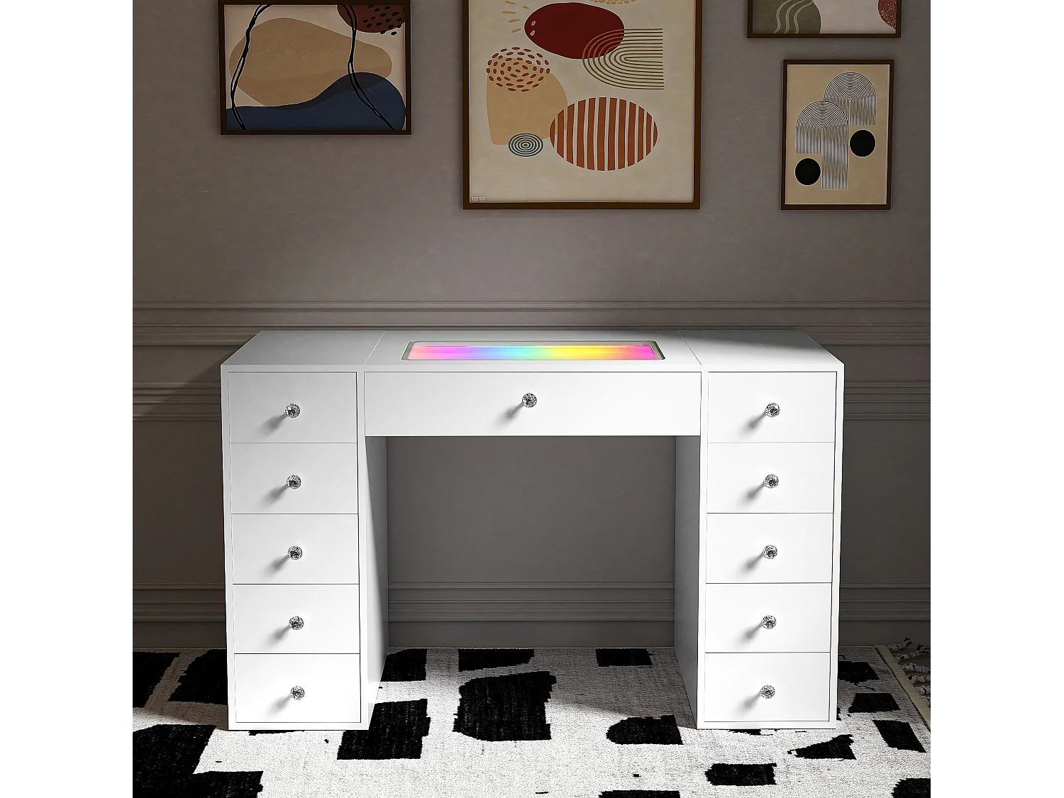 Coiffeuse Verre LED Intégrée, 11 Tiroirs - 130 x 55 cm - RGB