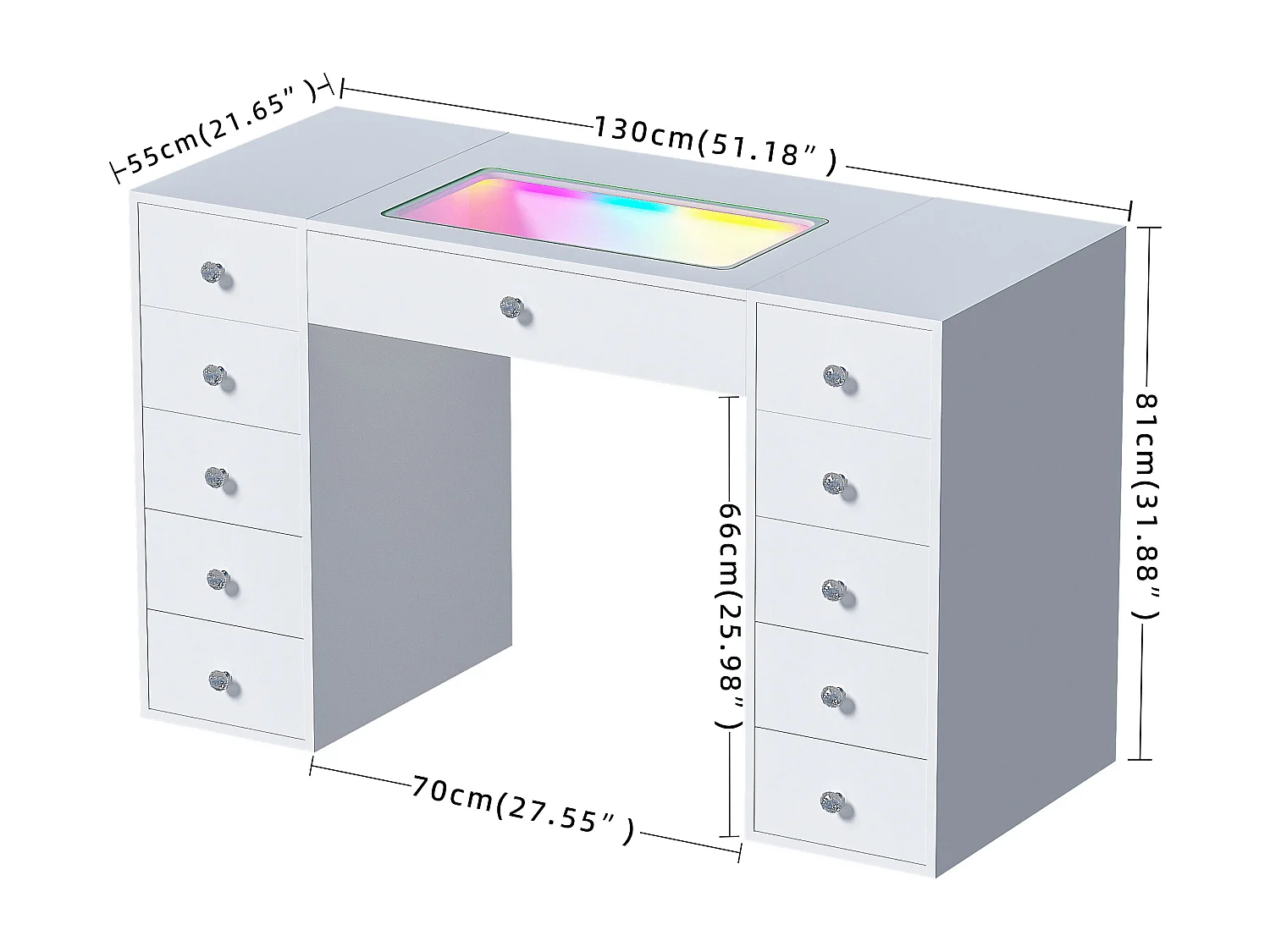 Coiffeuse Verre LED Intégrée, 11 Tiroirs - 130 x 55 cm - RGB