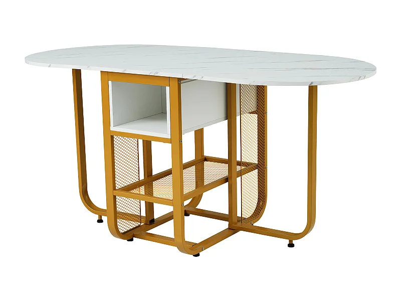 Opklapbare eettafel salontafel voor 4-7 personen - metalen poten met 1 lade - wit + goud (160x70x75 cm)