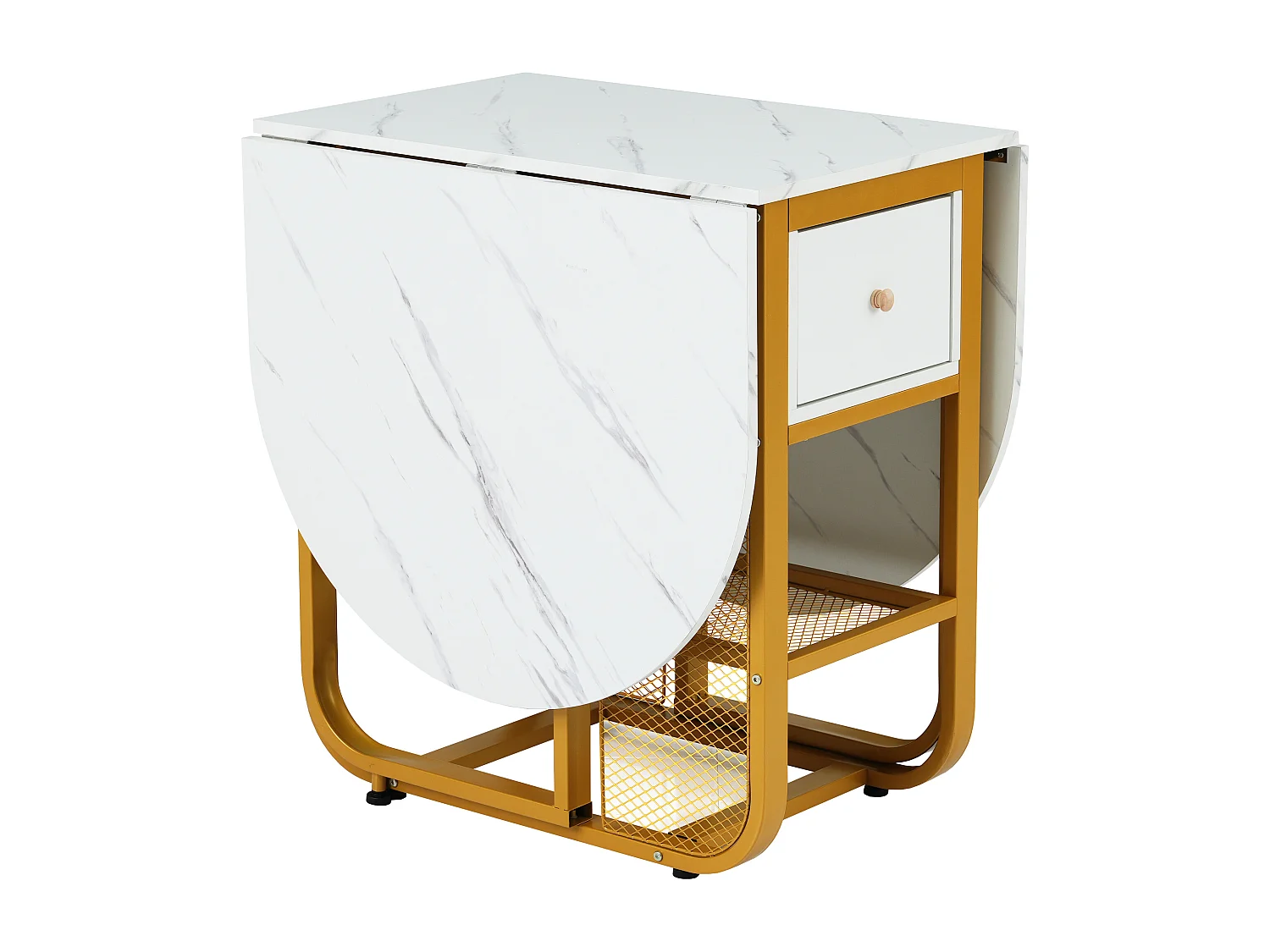 Opklapbare eettafel salontafel voor 4-7 personen - metalen poten met 1 lade - wit + goud (160x70x75 cm)