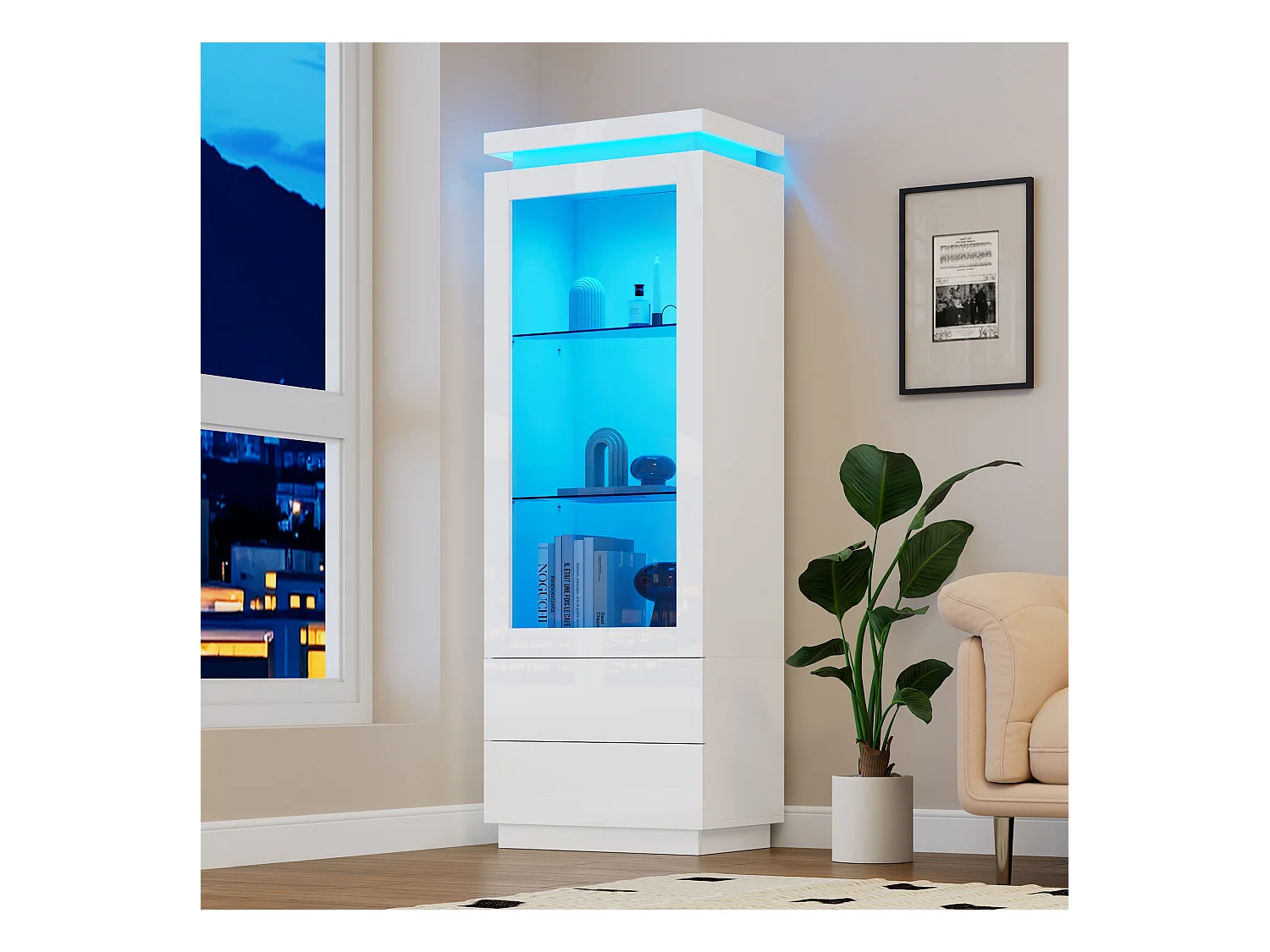 Vitrine haute en verre brillant avec Leds - 60 x 40 x 171 cm - avec 2 tiroirs + portes vitrées - aggloméré - blanc