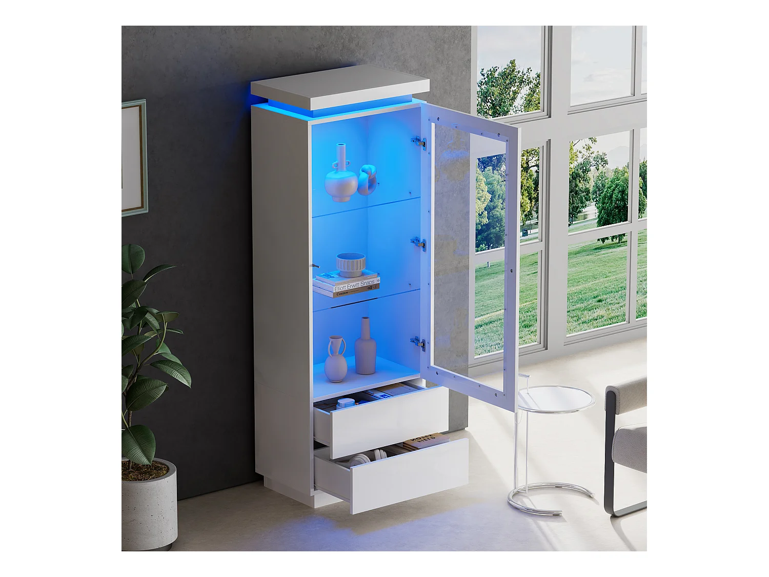 Vitrine haute en verre brillant avec Leds - 60 x 40 x 171 cm - avec 2 tiroirs + portes vitrées - aggloméré - blanc