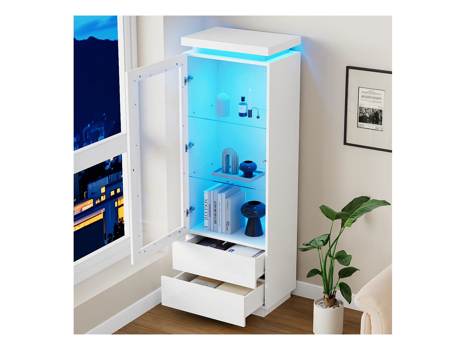 Vitrine haute en verre brillant avec Leds - 60 x 40 x 171 cm - avec 2 tiroirs + portes vitrées - aggloméré - blanc