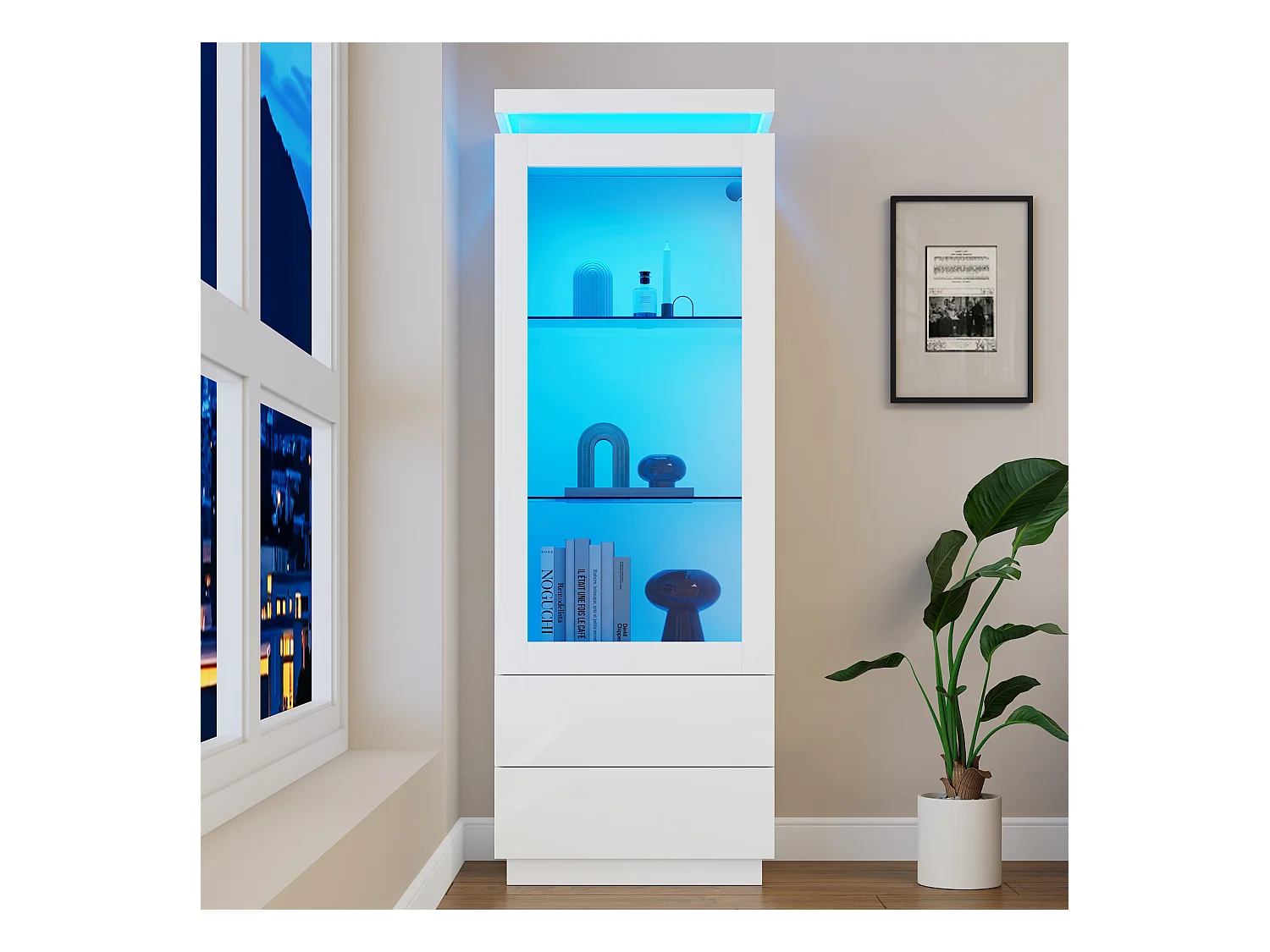 Vitrine haute en verre brillant avec Leds - 60 x 40 x 171 cm - avec 2 tiroirs + portes vitrées - aggloméré - blanc
