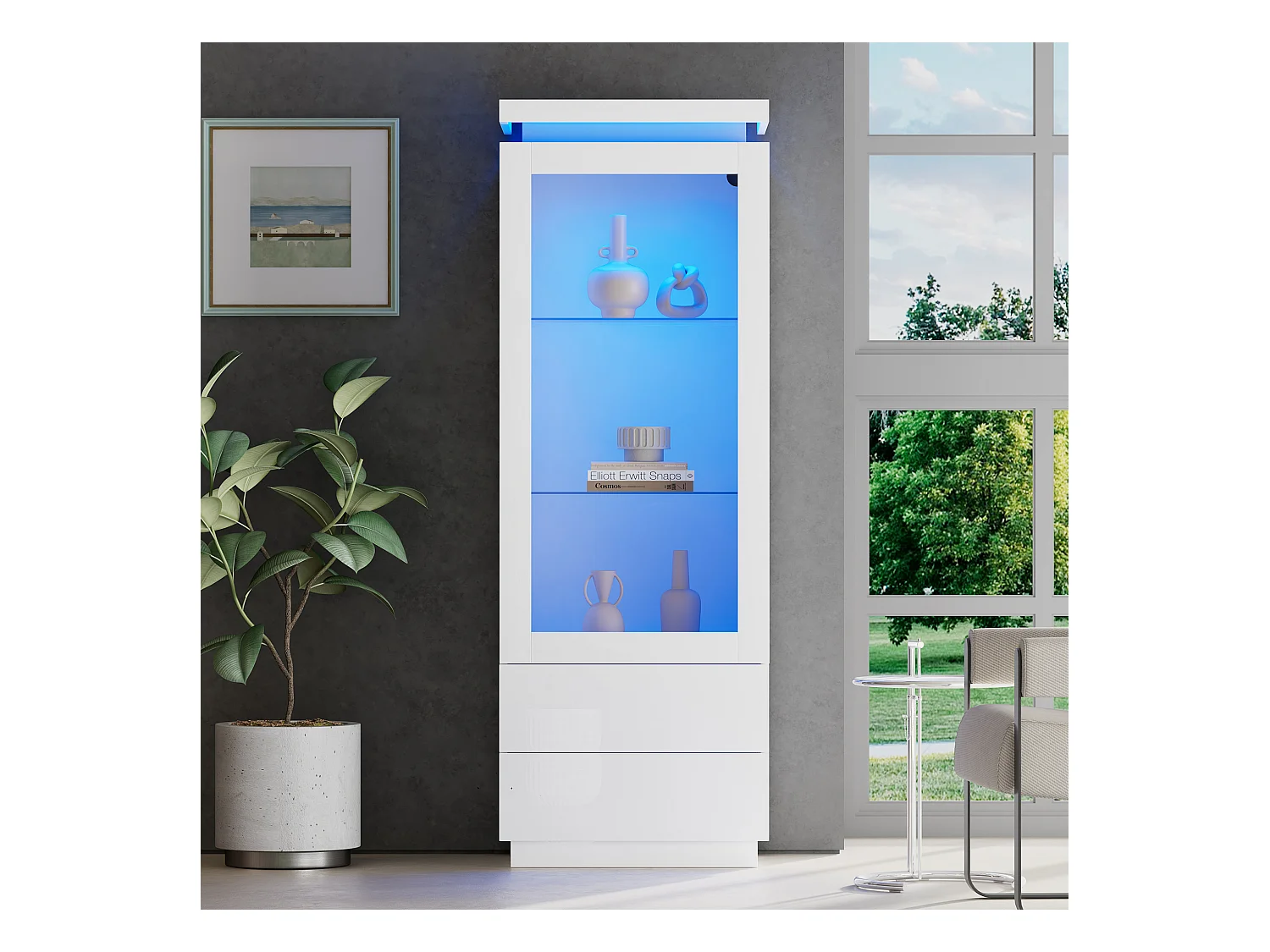 Vitrine haute en verre brillant avec Leds - 60 x 40 x 171 cm - avec 2 tiroirs + portes vitrées - aggloméré - blanc
