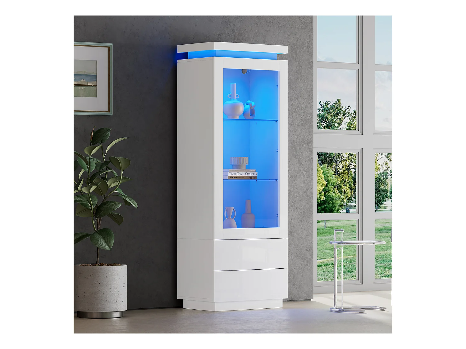 Vitrine haute en verre brillant avec Leds - 60 x 40 x 171 cm - avec 2 tiroirs + portes vitrées - aggloméré - blanc