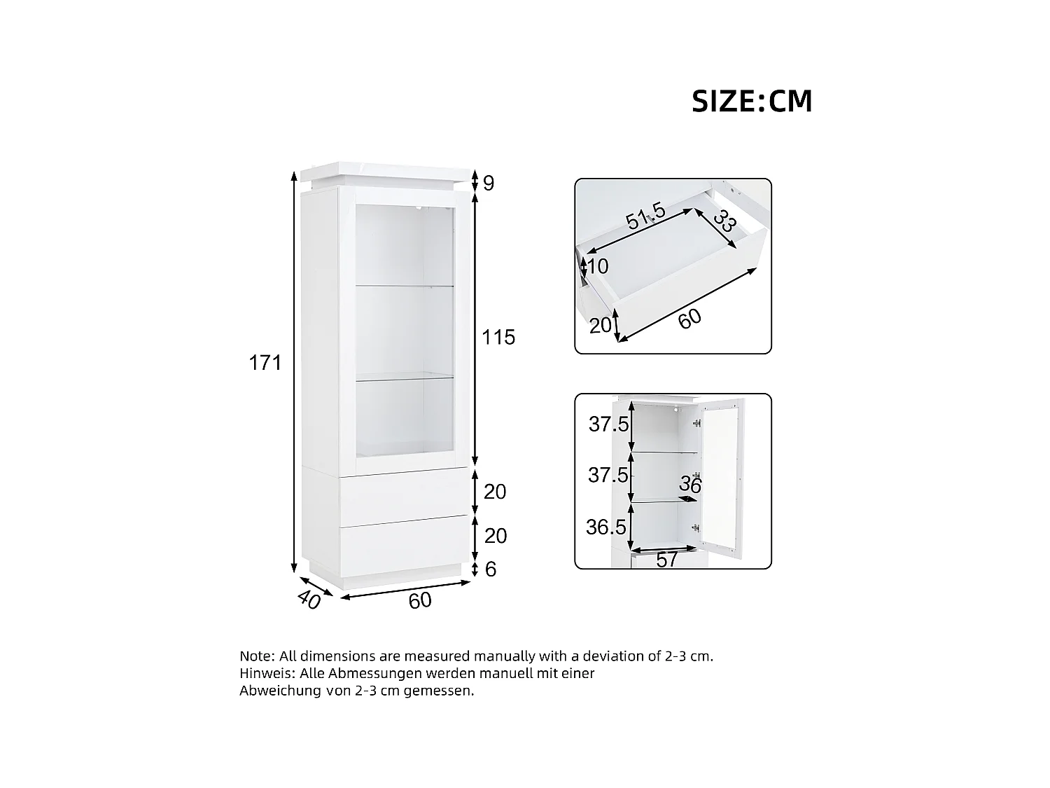 Vitrine haute en verre brillant avec Leds - 60 x 40 x 171 cm - avec 2 tiroirs + portes vitrées - aggloméré - blanc