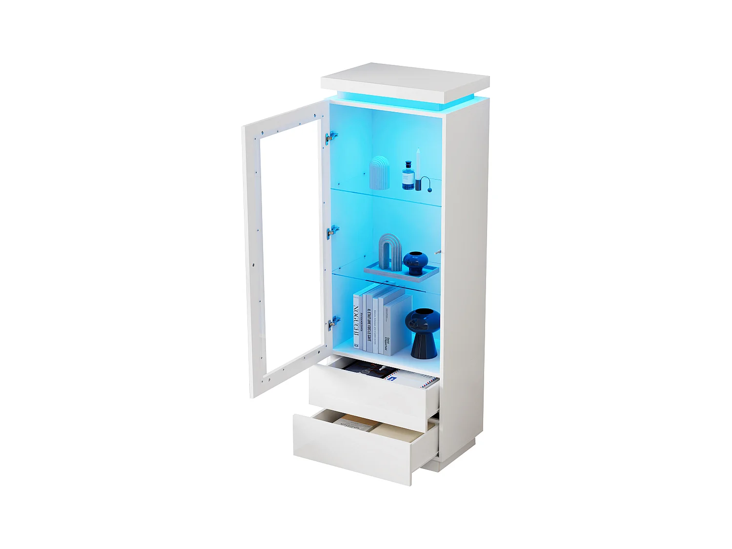 Vitrine haute en verre brillant avec Leds - 60 x 40 x 171 cm - avec 2 tiroirs + portes vitrées - aggloméré - blanc