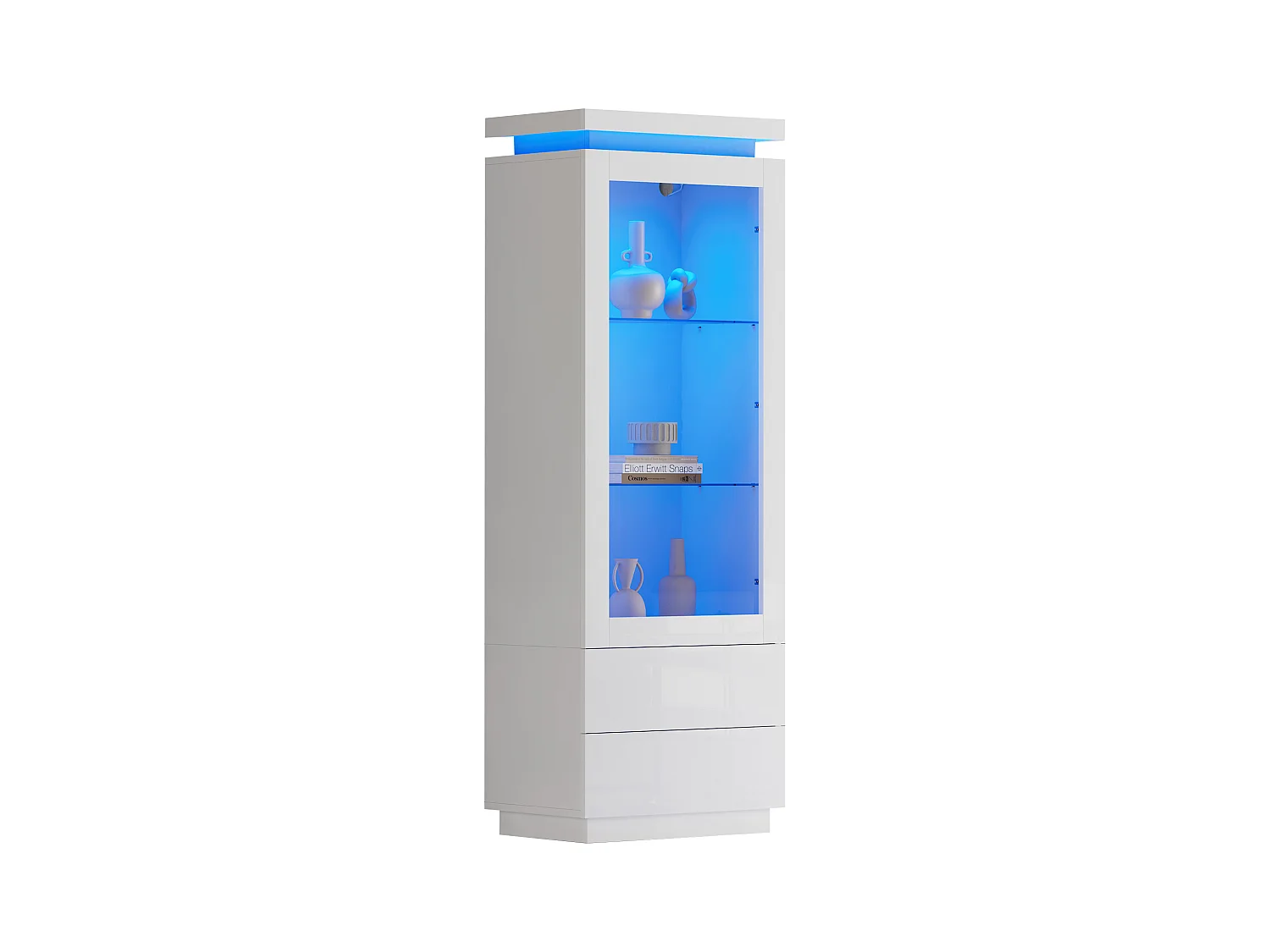 Vitrine haute en verre brillant avec Leds - 60 x 40 x 171 cm - avec 2 tiroirs + portes vitrées - aggloméré - blanc