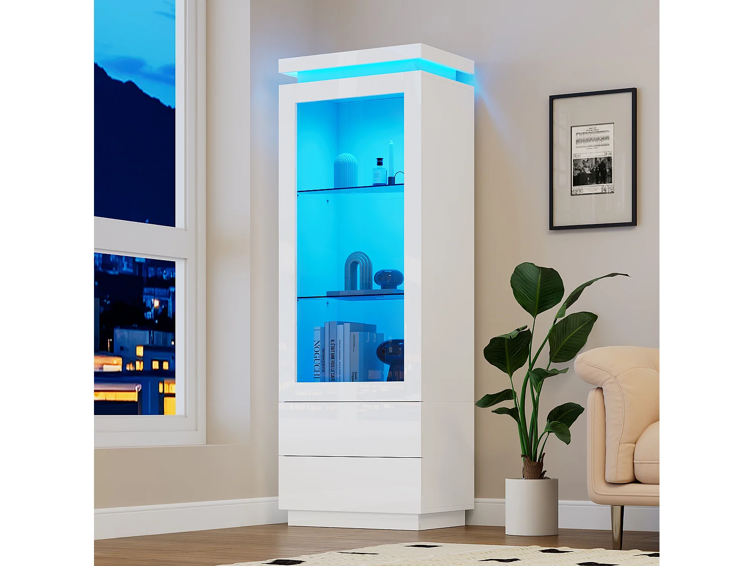 Vitrine haute en verre brillant avec Leds - 60 x 40 x 171 cm - avec 2 tiroirs + portes vitrées - aggloméré - blanc