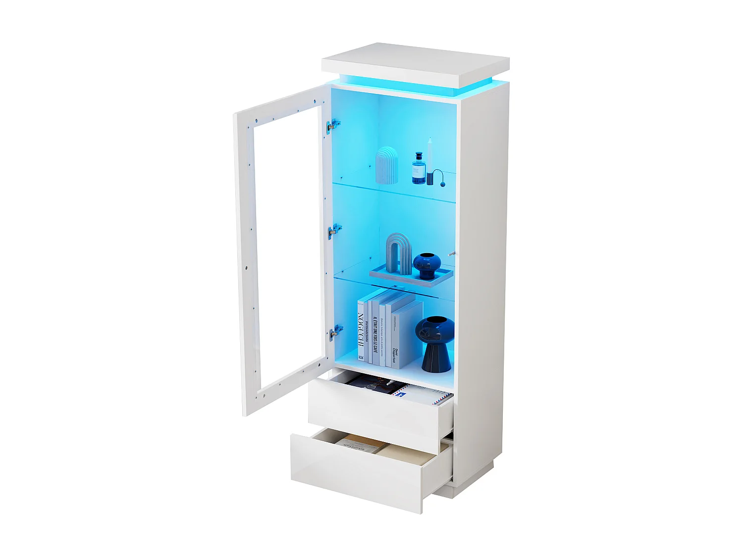 Vitrine haute en verre brillant avec Leds - 60 x 40 x 171 cm - avec 2 tiroirs + portes vitrées - aggloméré - blanc