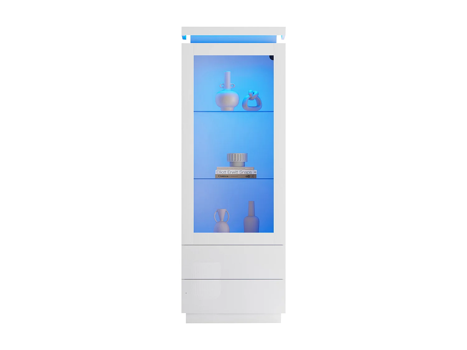 Vitrine haute en verre brillant avec Leds - 60 x 40 x 171 cm - avec 2 tiroirs + portes vitrées - aggloméré - blanc