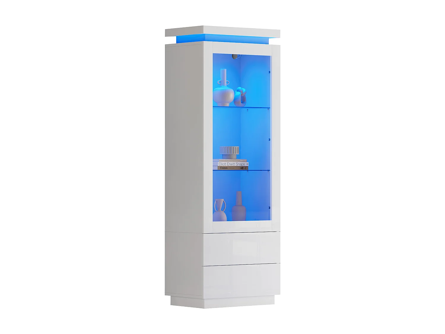 Vitrine haute en verre brillant avec Leds - 60 x 40 x 171 cm - avec 2 tiroirs + portes vitrées - aggloméré - blanc