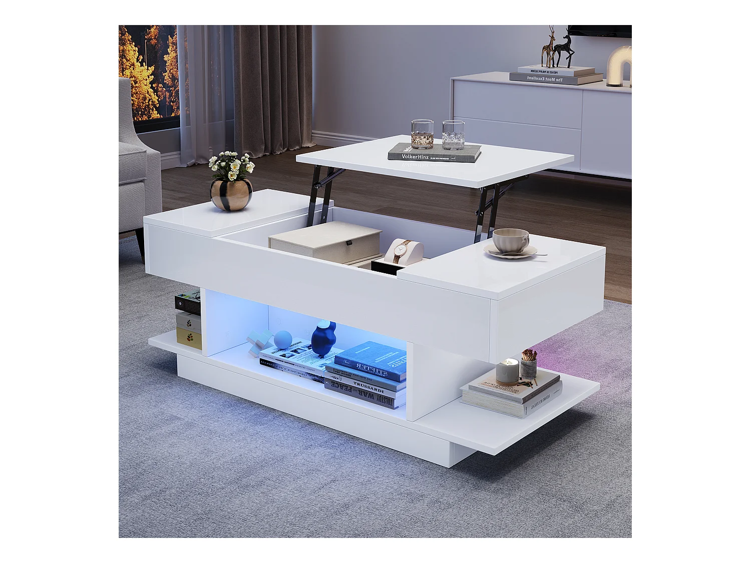 Table basse plateau relevable avec 2 tiroirs rabattables + Leds - 98 x 45 x 40 cm - aggloméré - blanc