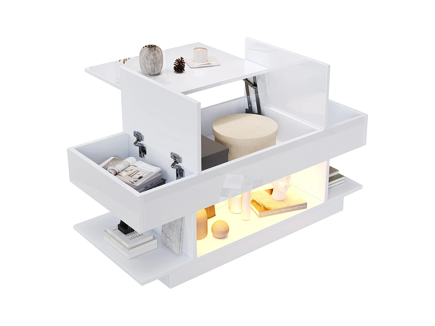 Table basse plateau relevable avec 2 tiroirs rabattables + Leds - 98 x 45 x 40 cm - aggloméré - blanc