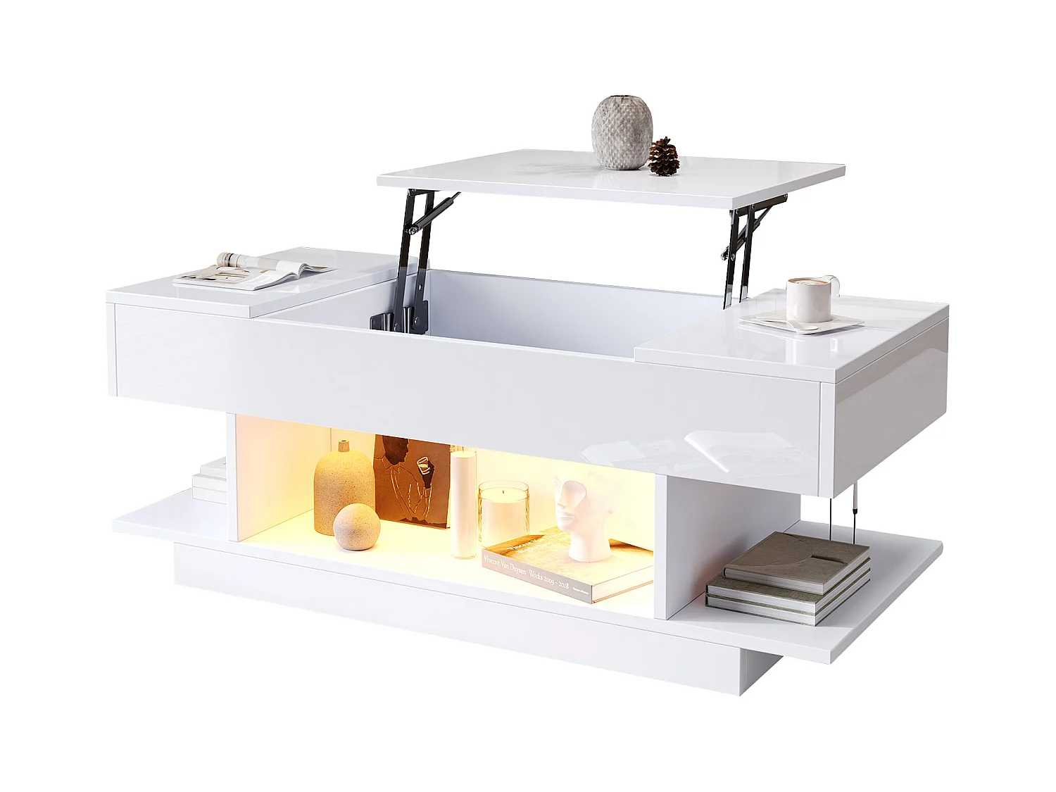 Table basse plateau relevable avec 2 tiroirs rabattables + Leds - 98 x 45 x 40 cm - aggloméré - blanc