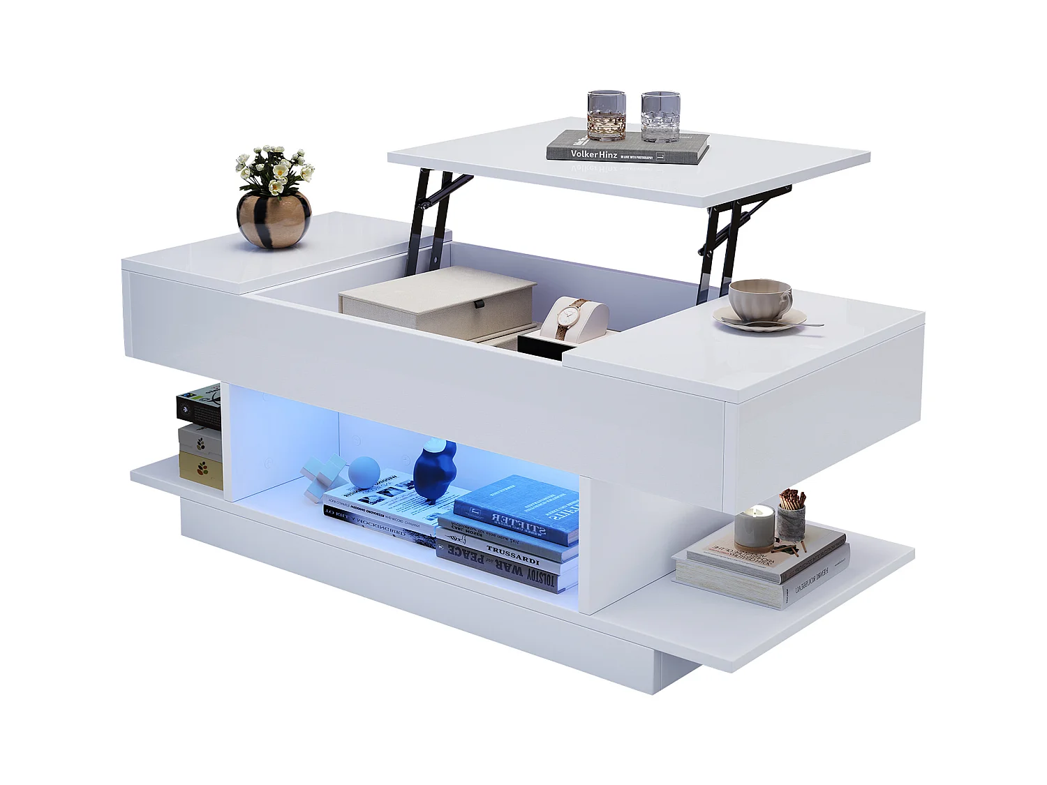 Table basse plateau relevable avec 2 tiroirs rabattables + Leds - 98 x 45 x 40 cm - aggloméré - blanc