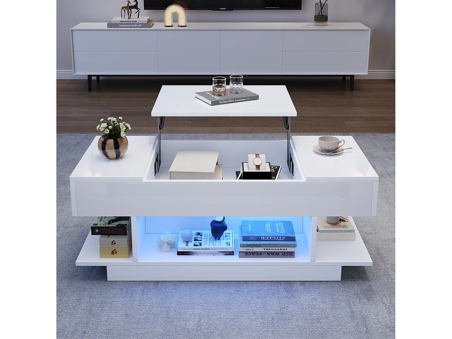 Table basse plateau relevable avec 2 tiroirs rabattables + Leds - 98 x 45 x 40 cm - aggloméré - blanc
