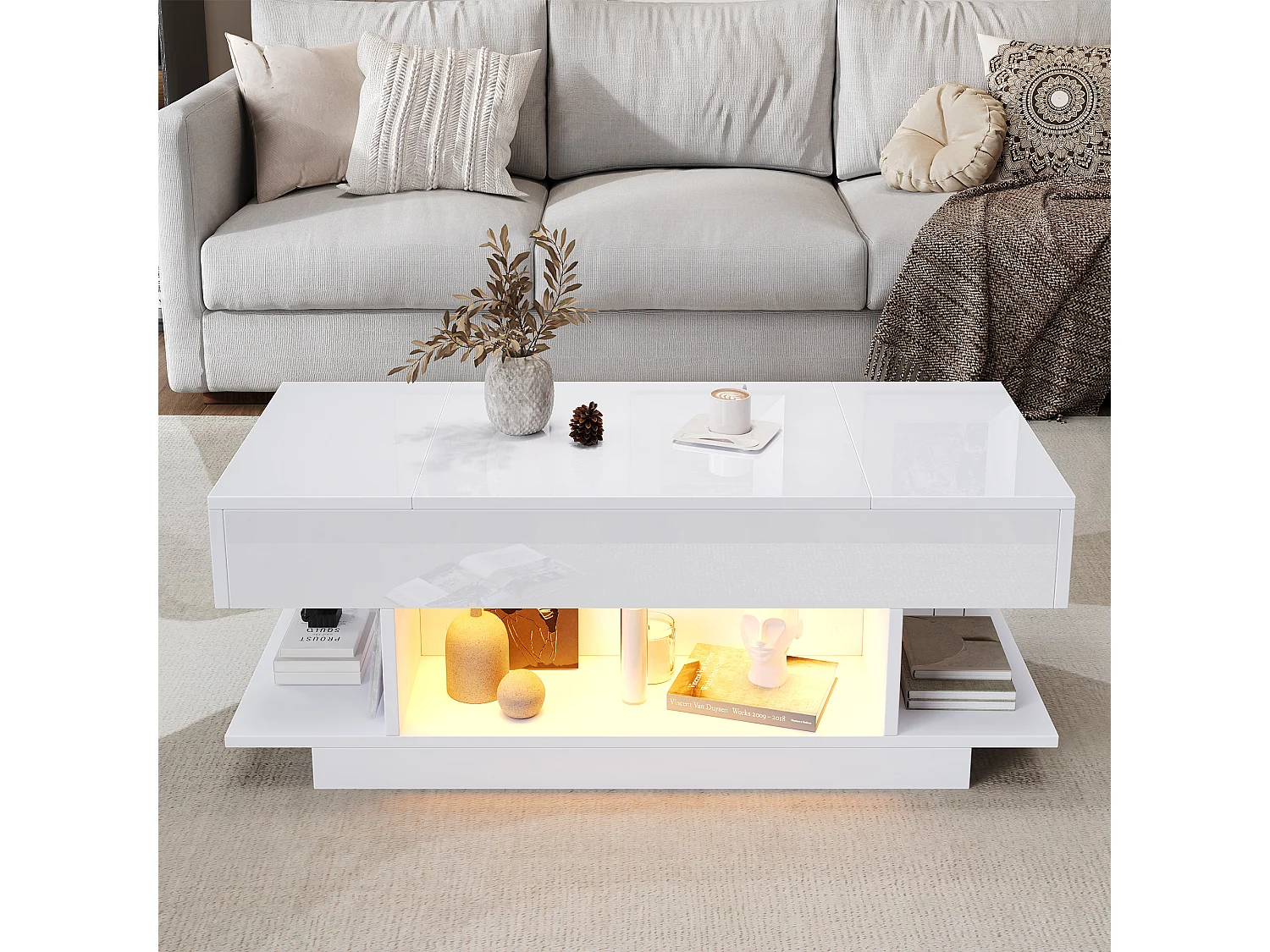 Table basse plateau relevable avec 2 tiroirs rabattables + Leds - 98 x 45 x 40 cm - aggloméré - blanc