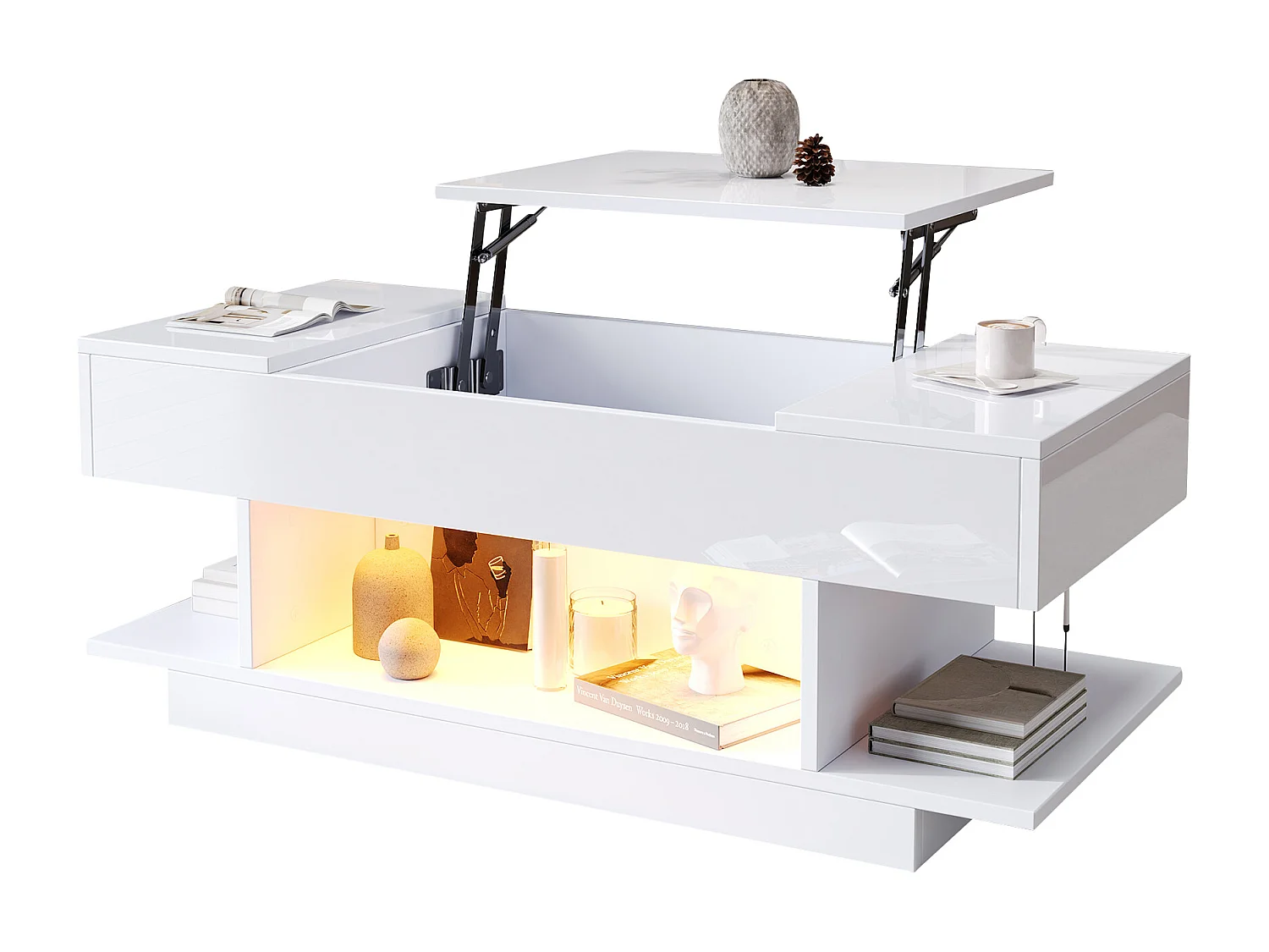 Table basse plateau relevable avec 2 tiroirs rabattables + Leds - 98 x 45 x 40 cm - aggloméré - blanc