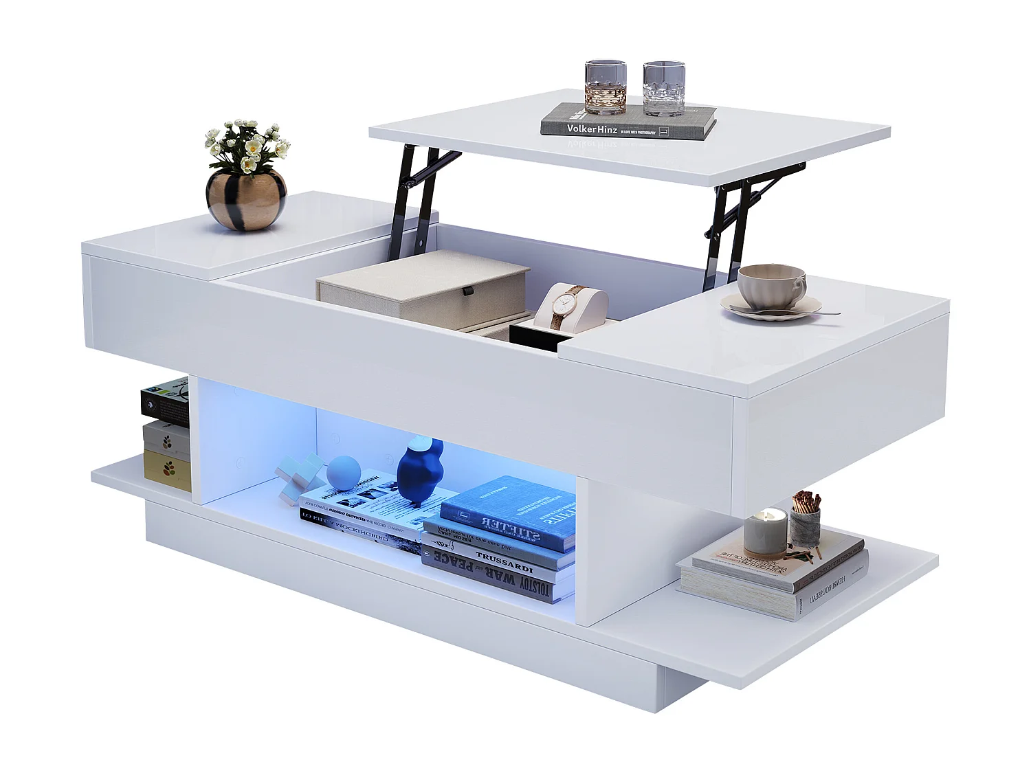 Table basse plateau relevable avec 2 tiroirs rabattables + Leds - 98 x 45 x 40 cm - aggloméré - blanc