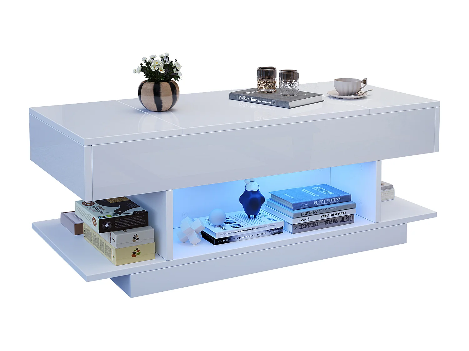 Table basse plateau relevable avec 2 tiroirs rabattables + Leds - 98 x 45 x 40 cm - aggloméré - blanc