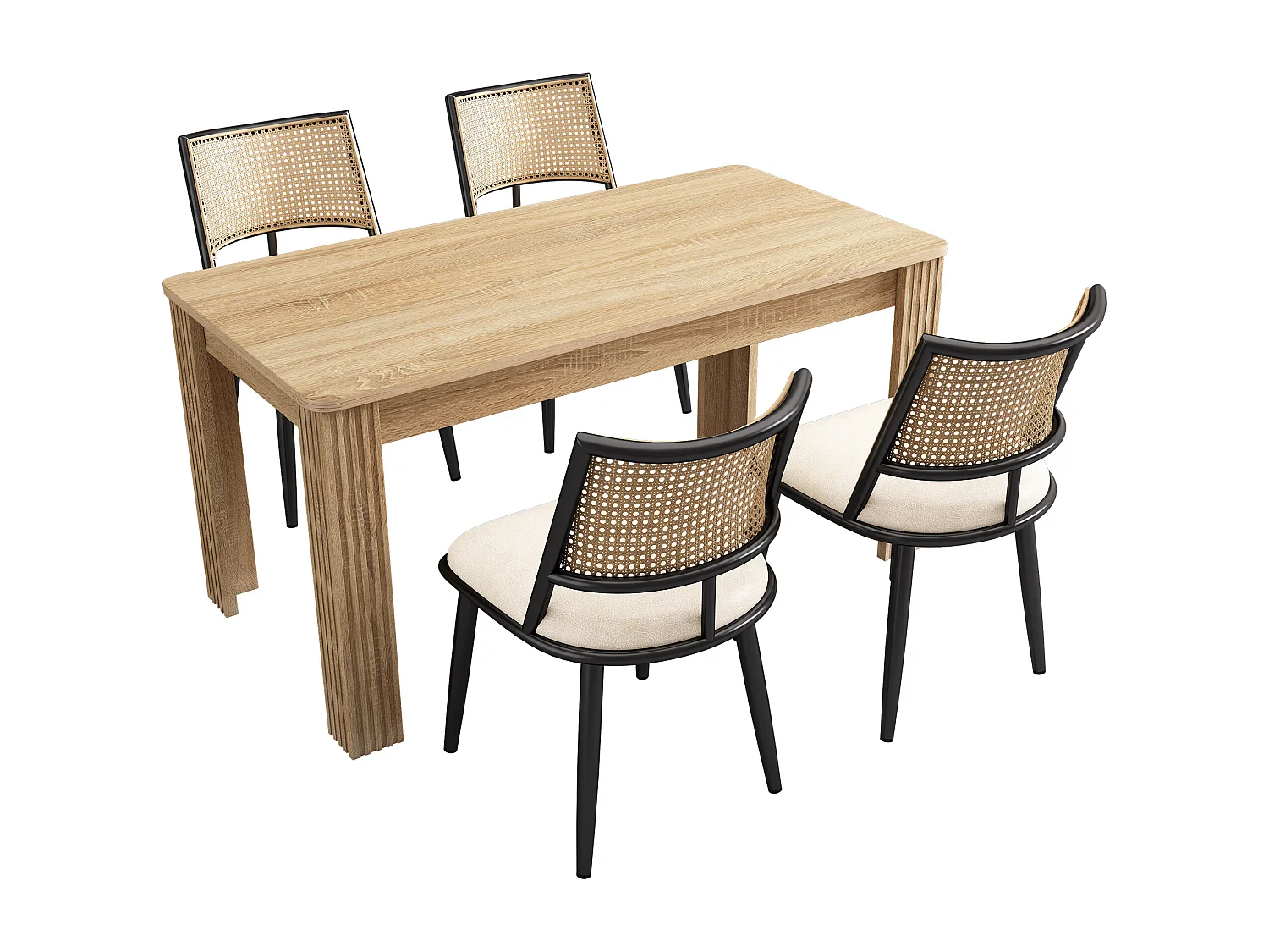 Ensemble table et chaises - table moderne + 4 chaises dossier en rotin de salon et de chambre - noir + naturel