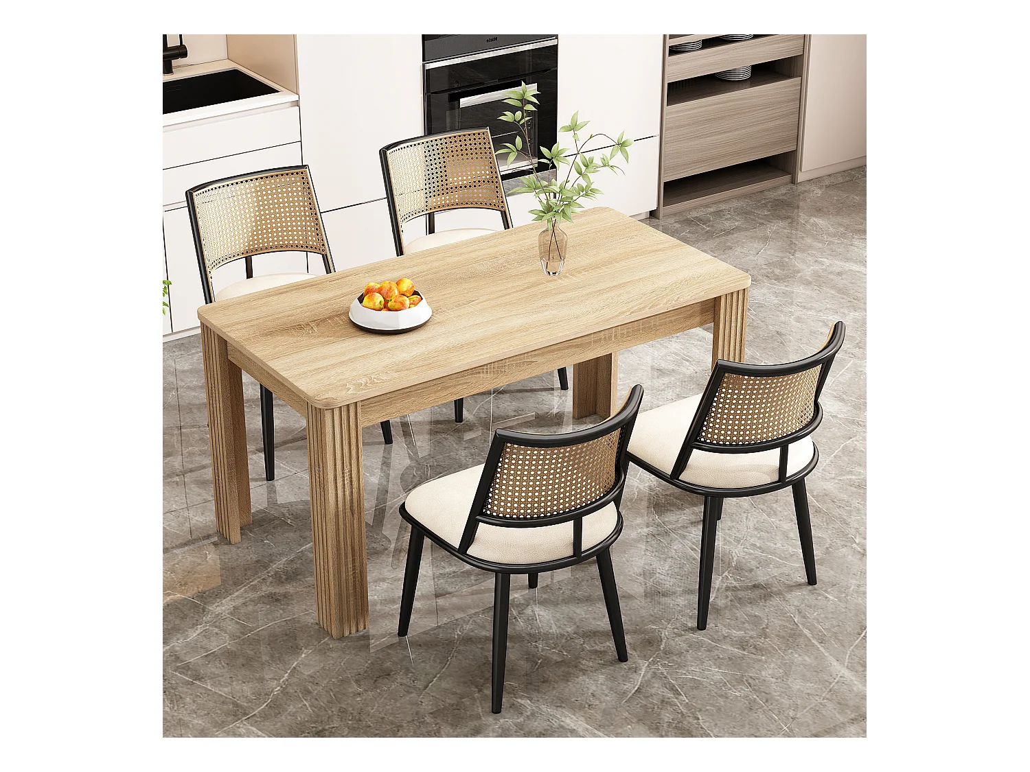 Ensemble table et chaises - table moderne + 4 chaises dossier en rotin de salon et de chambre - noir + naturel