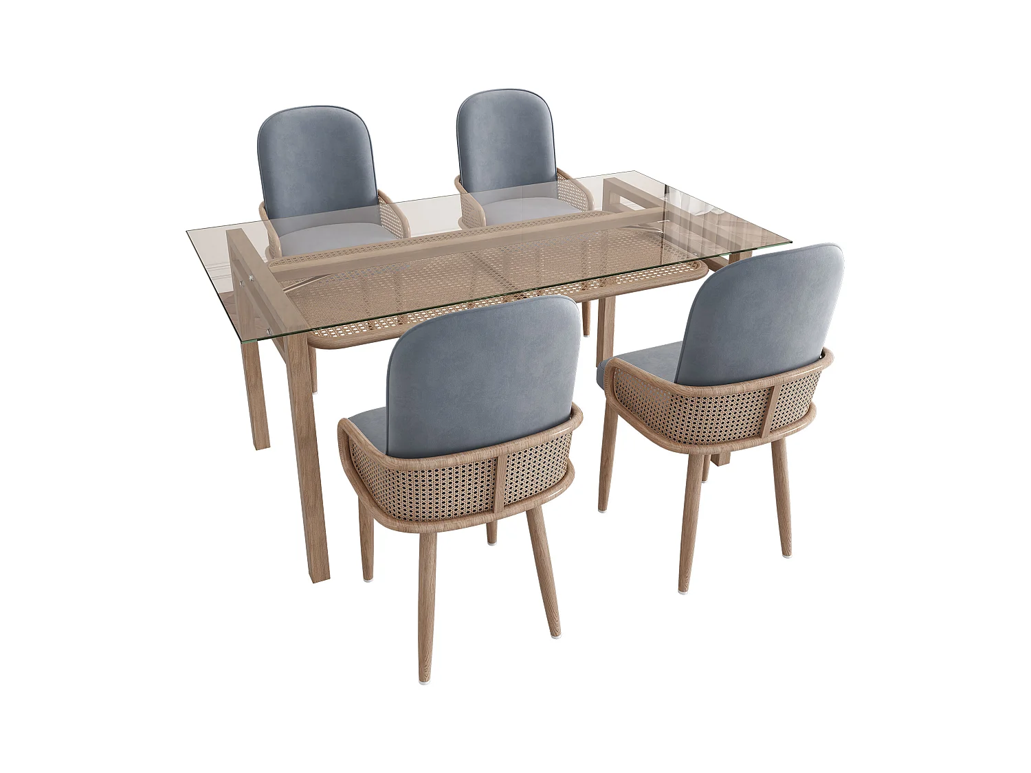 Ensemble table a manger (110x65x74 cm) + 4 chaises en velours gris - plateau de table en verre pieds en métal