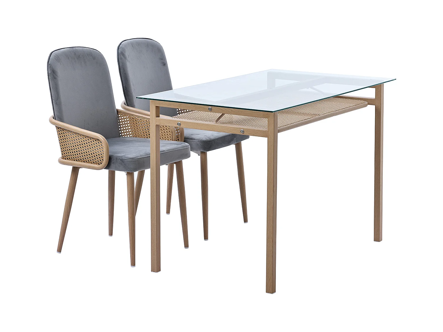 Ensemble table a manger (110x65x74 cm) + 4 chaises en velours gris - plateau de table en verre pieds en métal