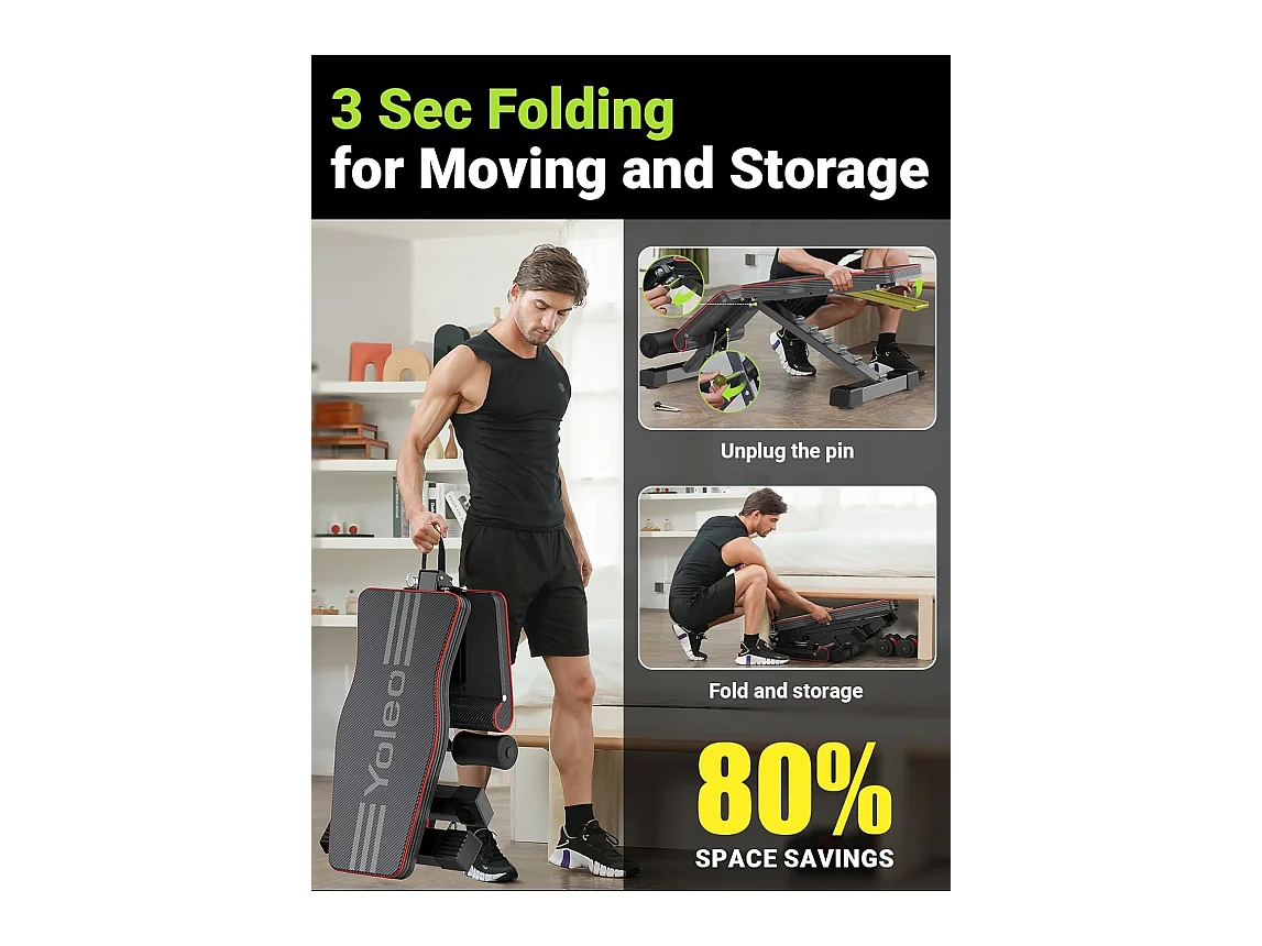 Banc de Musculation Pliable YOLEO - Banc de Poids pour Entraînement Complet du Corps 300kg - Pour Renforcement Musculaire à Domicile avec Pliage et Réglage Rapides