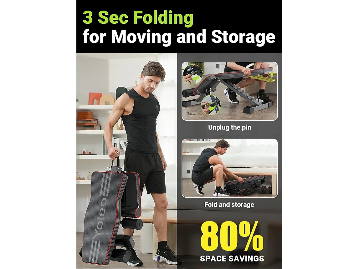 YOLEO Gewichtbank Opvouwbare Gewichtbank voor Volledige Body Workout 300kg - Voor Krachttraining Thuis met Snel Inklappen en Verstelling