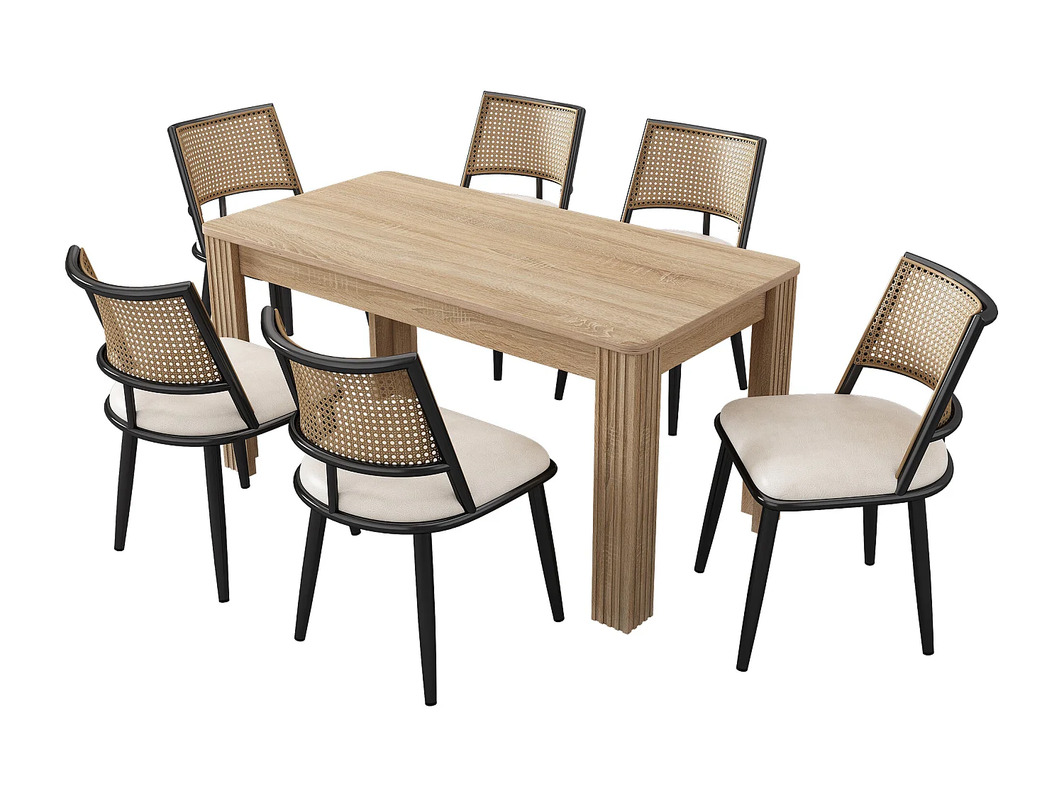 Ensemble table et chaises - table moderne + 6 chaises dossier en rotin de salon et de chambre - noir + naturel