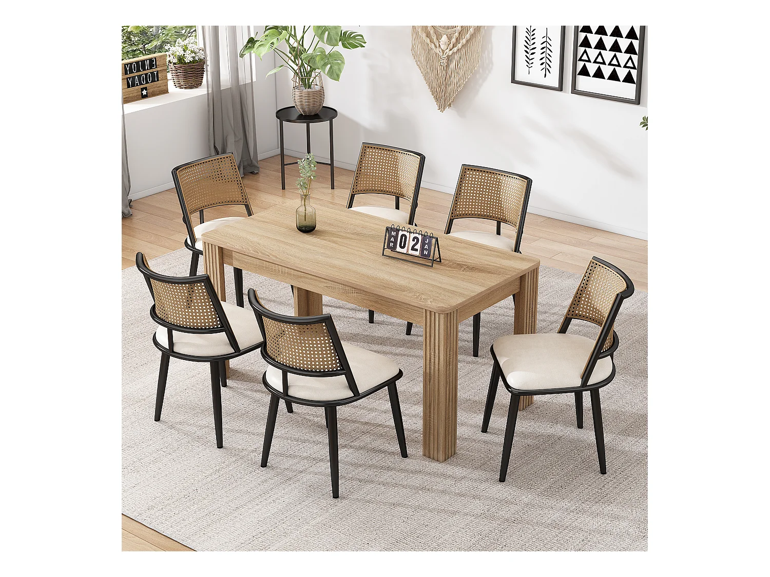 Ensemble table et chaises - table moderne + 6 chaises dossier en rotin de salon et de chambre - noir + naturel