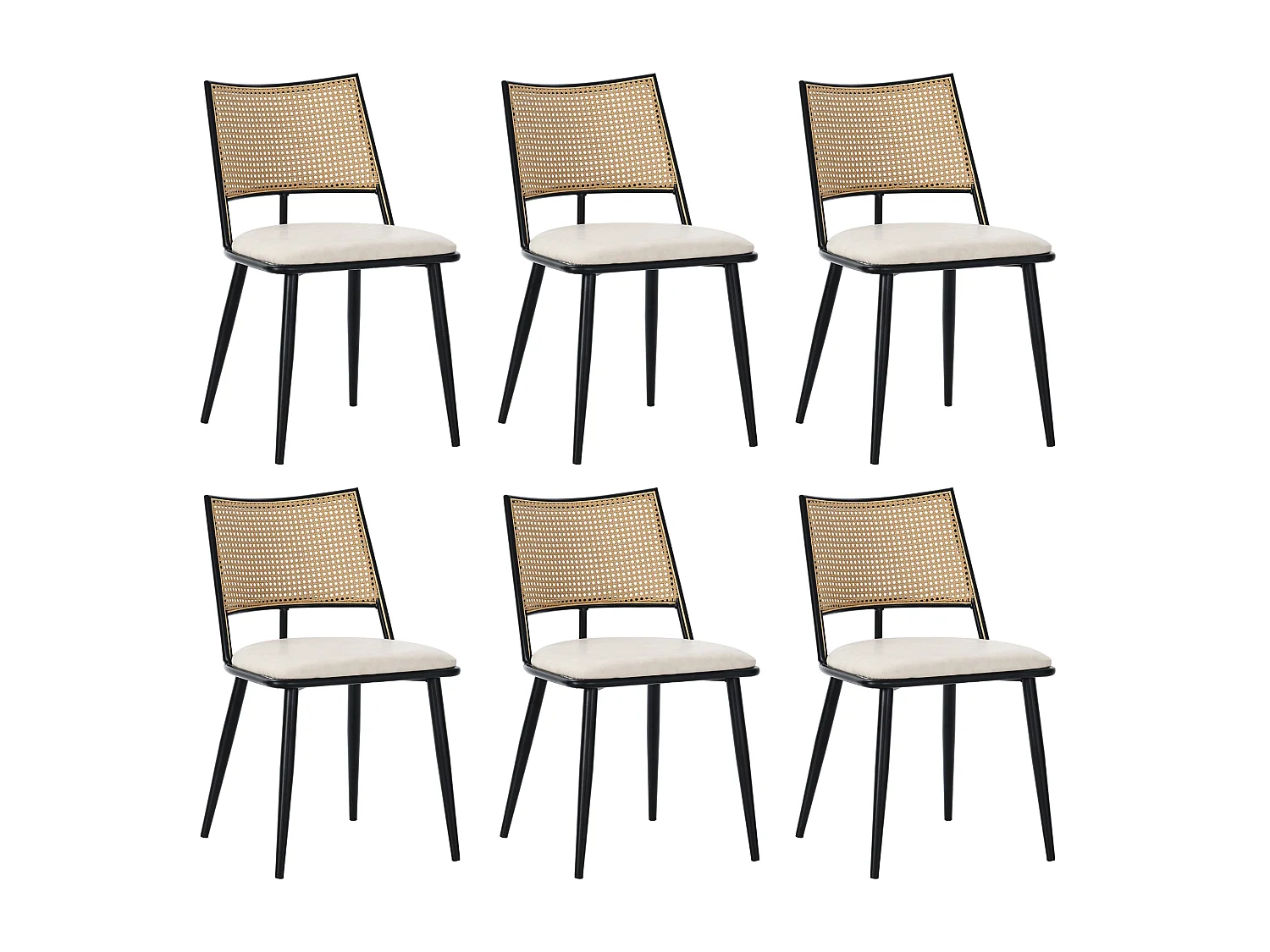 Conjunto de mesa y sillas - Mesa moderna + 6 sillas de ratán con respaldo para salón y dormitorio - Negro + Natural