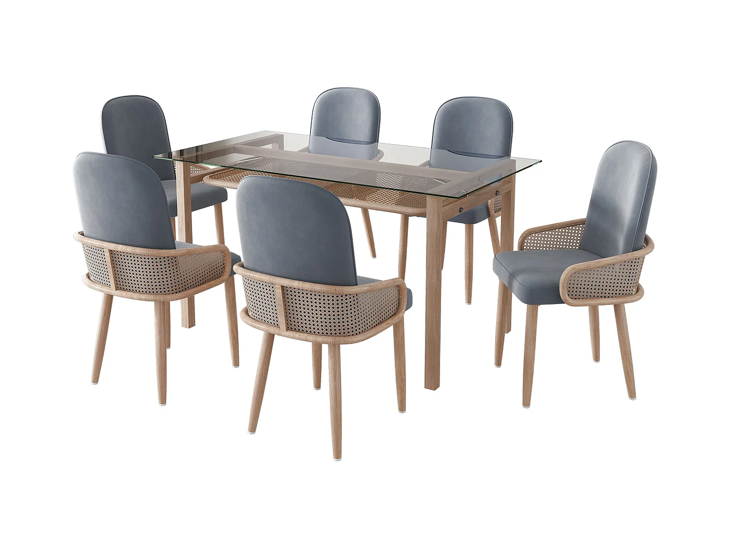 Eettafelset (110x65x74 cm) + 6 grijze fluwelen stoelen - glazen tafelblad metalen poten