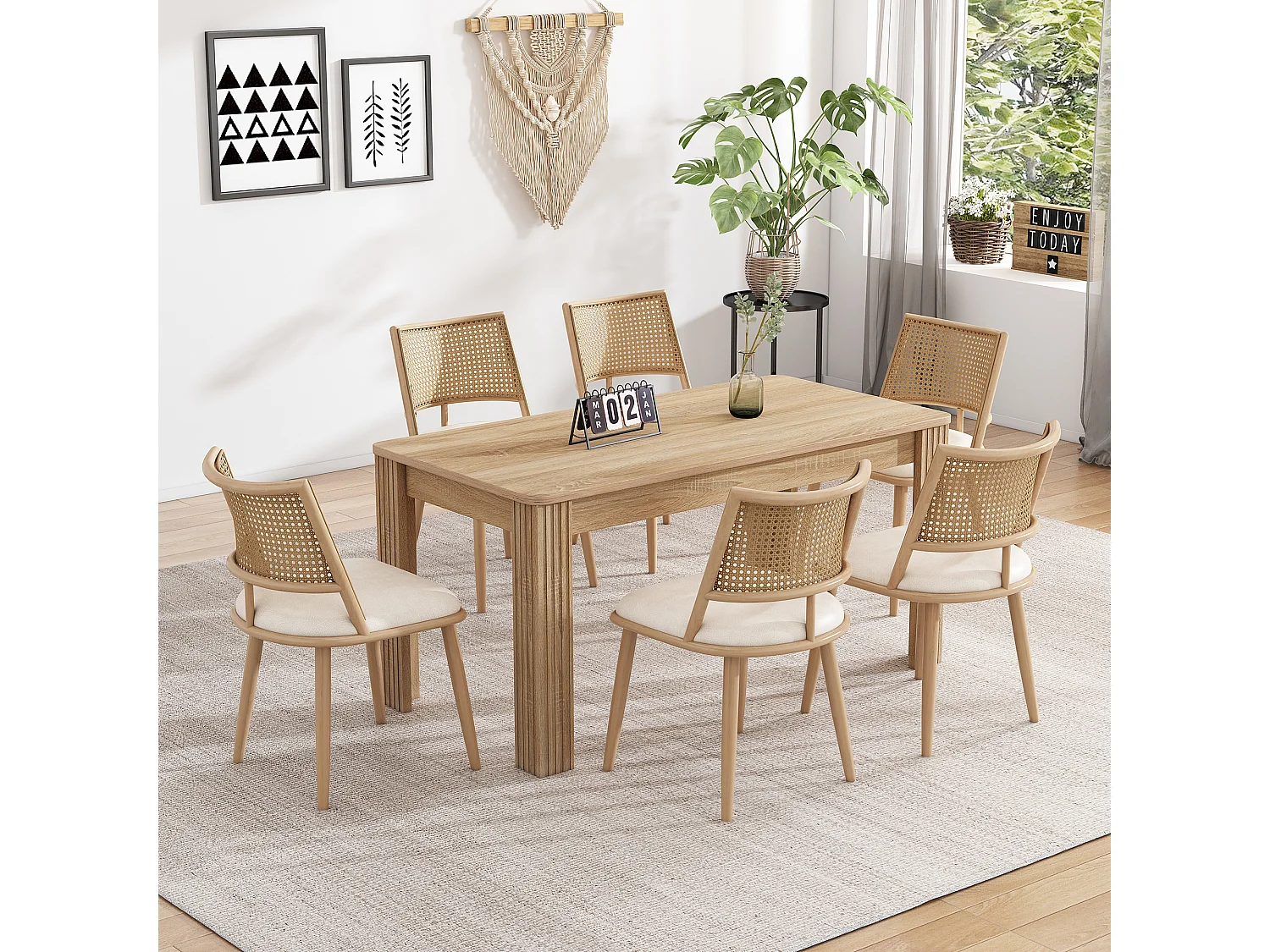 Ensemble table et chaises - table moderne + 6 chaises dossier en rotin de salon et de chambre - beige + naturel